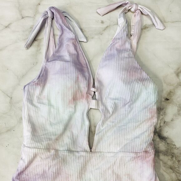 Soluna Tie Dye Ribbed Plunging One Piece Swimsuit Small Multicolor Pastel New - Picture 4 of 7